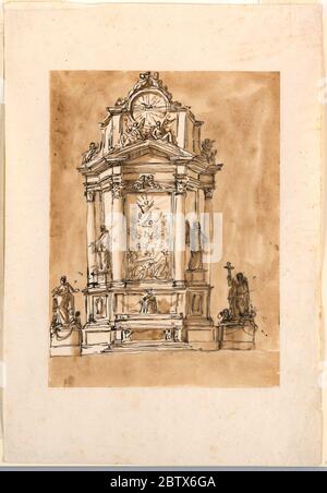 Entwurf für einen Hauptaltar. Forschung in ProgresseDer Plan des Retarable ist wie die Hälfte eines Achtecks. An der Vorderseite ist eine Darstellung der Himmelfahrt der Jungfrau Maria, in Anwesenheit der Apostel. Oben sind zwei Engel. Vor den schrägen Seiten befindet sich eine Statue eines heiligen. Stockfoto