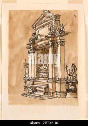 Entwurf für einen Hauptaltar. Forschung in ProgressEine Variation von -1372, von den Ecken gesehen. Die seitlichen Gruppen stehen auf isolierten, balusterartigen, geformten Sockeln. Engel sitzen vorne, über der Entablatur, andere seitlich. Die Nische ist ohne Muschel oder andere architektonische Dekoration. Stockfoto