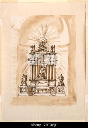 Entwurf für einen Hauptaltar. Forschung in ProgresseDie mensa befindet sich im Zentrum der Sockelzone; daneben befinden sich zwei Tafeln mit Ausschnitten. Stockfoto