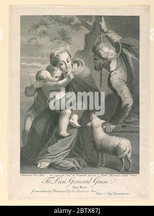 Heilige Familie mit St. John. Forschung in ProgresseDie Madonna sitzt mit dem Kind. Neben ihr St. und ein Lamm. Links küsst Johannes Baptist das Jesuskind. Stockfoto
