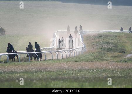 Beckhampton Stables, in der Nähe von Marlborough, Wiltshire, Großbritannien. Mai 2020. Nebel und nebeliges Sonnenlicht begrüßen die morgendliche Trainingseinheit für Jockeys und r Stockfoto