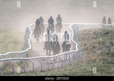 Beckhampton Stables, in der Nähe von Marlborough, Wiltshire, Großbritannien. Mai 2020. Nebel und nebeliges Sonnenlicht begrüßen die morgendliche Trainingseinheit für Jockeys und r Stockfoto