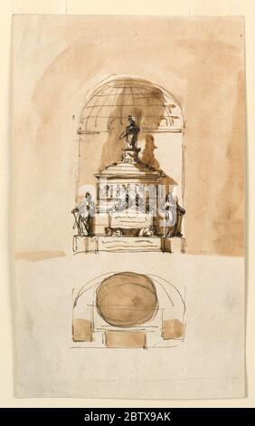 Die Erhebung eines Sepulkraldenkmals wahrscheinlich für den jungen Prätenten Charles Edward Stuart. Forschung in ProgressWahrscheinlich für den jungen Pretender Charles Edward Stuart, starb 1788. Oben ist die Höhe, unten ist der Plan. In einer Nische mit einem Gewölbe (?) stehen. Eine Variation des Designs 1938-88-1264. Ein Abschnitt der Schritte führt nach oben. Stockfoto