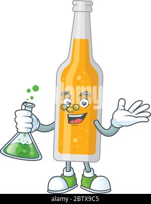 Flasche Bier smart Professor Cartoon Charakter hält Glasröhre auf dem Labor Stock Vektor