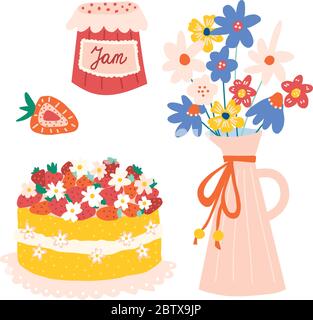 Sommer Party Vektor-Symbole isoliert. Erdbeerkuchen, Marmelade, Blumenvase handgezeichnete Illustration. Verwenden Sie für Grußkarte, Einladung, Sommer Garten Party Stock Vektor