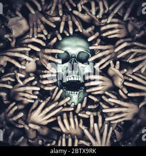 Hell reklamiert es ist eigene / 3D-Illustration von knorrigen untoten Zombie-Hände greifen an schreienden menschlichen Schädel Stockfoto