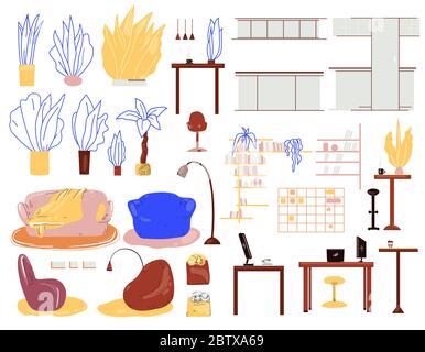Vector Cartoon Interieur-Set mit Möbeln, Pflanzen, Lampen, Tische für Arbeit und Küche, Home-Office-Zubehör. Wohnzimmer, Küche und Zuhause Stock Vektor