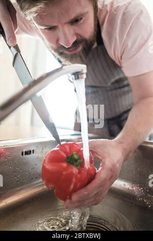 Fokussierter Mann in einer Schürze hält Pfeffer unter einem Wasserstrom, um es mit einem Messer zu schneiden, in der Küche. Kochen von Speisen. Stockfoto