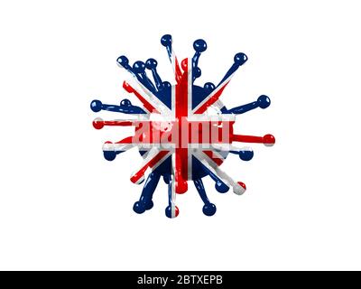 Ein Coronovirus 3d-Rendering-Modell mit dem Namen Covid-19 mit der bemalten Flagge von Großbritannien und isoliert auf weißem Hintergrund. Das Konzept des Stockfoto