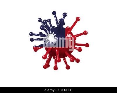 Ein Coronovirus 3d-Rendering-Modell mit dem Namen Covid-19 mit der gemalten Flagge Taiwans und isoliert auf weißem Hintergrund. Das Konzept der Ausbreitung Stockfoto
