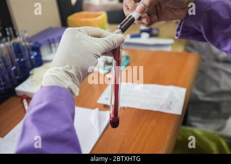 Bandung, Indonesien. Mai 2020. Ein Mediziner, der einen Schutzanzug trägt, untersuchte die Probenergebnisse der Untersuchung mit Polymerase Chain Reaction (PCR) Methode im Biosafety Level II Laboratory (BSL-2) in Bandung, West Java, Indonesien, 28. Mai 2020. Derzeit plant die indonesische Regierung, 72 Labore in Indonesien neu zu betonen. Dies wurde auch als Versuch getan, das Ziel von 10,000 Test PCR pro Tag in Indonesien zu erreichen.(Foto von Agvi Firdaus/INA Photo Agency/Sipa USA) Quelle: SIPA USA/Alamy Live News Stockfoto