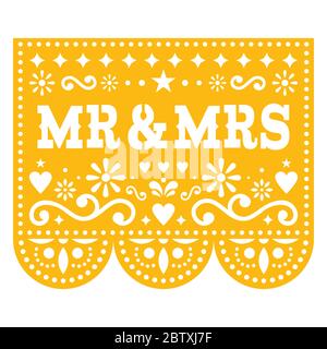 Herr und Frau Papel Picado Vektor Hochzeit Grußkarte Design, mexikanische Papier ausgeschnitten Dekoration mit Blumen Stock Vektor