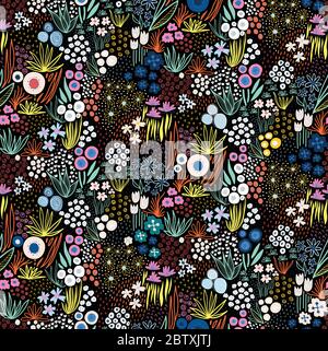Liberty Flower Wiese auf schwarz nahtlose Vektor-Muster. Wiederholende Doodle Blumen in hellen Farben auf schwarzem Hintergrund Hälfte Tropfen wiederholen. Skandinavisch Stock Vektor