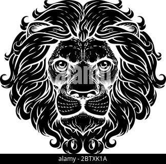 Lion Leo Fierce Lions Head Woodcut Animal Icon Stock Vektor