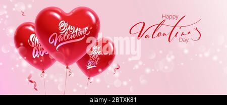 Horizontales Banner zum Valentinstag. Realistische Herzballons mit Inschriften auf einem rosa Hintergrund. Stockfoto