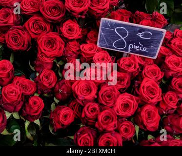 Rote Rosen mit Preisliste am Valentinstag, im Angebot in Florist, Paris, Frankreich Stockfoto