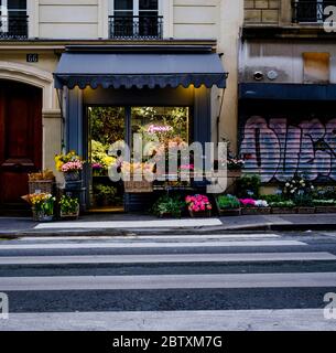 Verschiedene Blumen vor einem Blumenladen, vor Zebrastreifen, Rochechouart, 9. Arrondissement, Paris, Frankreich Stockfoto