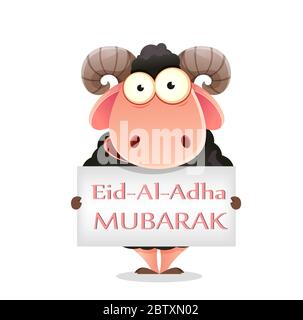 Eid al-Adha Mubarak. Traditioneller muslimischer Feiertag. Kurban Bayrami. Lustige Cartoon Charakter RAM halten Plakat mit Grüße. Vektorgrafik Stock Vektor