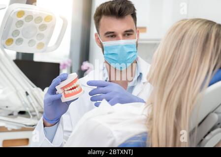 Zahnarzt hält Kiefer Proben Zahn. Professionelle Beratung in der Zahnklinik Stockfoto