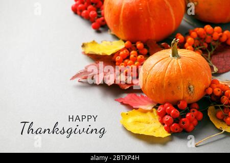 HAPPY THANKSGIVING, Herbstrahmen mit trockenen Blättern, natürliche und dekorative Kürbisse Komposition auf grauem Hintergrund, saisonale halloween, Thanksgiving Hol Stockfoto