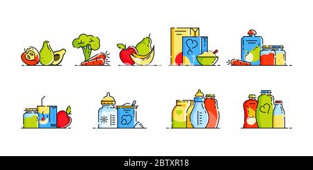 Babynahrung. Milch, Milchmischung, Müsli, Säfte, Gläser Kartoffelpüree, Karotten, Äpfel, Bananen, Avacados. Satz von Symbolen in einem flachen Stil. Design-Zustand Stockfoto