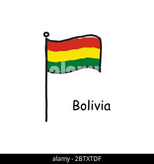 Handgezeichnet skizzenhafte Bolivien Flagge auf der Flagge Stange. Drei Farbe Flagge . Stock Vektor Illustration isoliert auf weißem Hintergrund. Stock Vektor