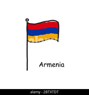 Handgezeichnet skizzenhafte Armenien-Flagge auf der Fahnenstange. Dreifarbige Flagge. Stock Vektor Illustration isoliert auf weißem Hintergrund. Stock Vektor