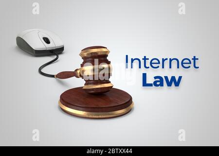 Digitales Internet-Gesetz Rendering-Konzept mit Maus und Gavel-Verbindung auf weißem, isoliertem Hintergrund. Stockfoto