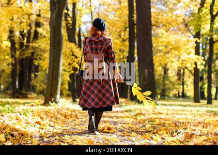 Elegante Rotschopf-Hündin im karierten Mantel, schwarze Baskenmütze und Rucksack geht durch den Park, hält trockene gelb gefallenes Blatt an sonnigen Tag, Rückansicht. Herbst Stockfoto