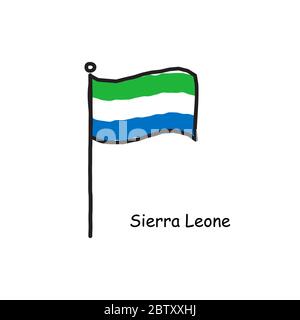 Handgezeichnet skizzenhafte Sierra Leone Flagge auf der Flagge Stange. Drei Farbe Flagge . Stock Vektor Illustration isoliert auf weißem Hintergrund. Stock Vektor