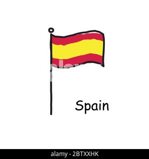 Handgezeichnet skizzenhafte Spanien Flagge auf der Flagge Pole. Drei Farbe Flagge . Stock Vektor Illustration isoliert auf weißem Hintergrund. Stock Vektor