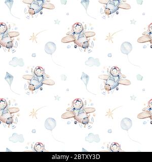 Aquarell Flugzeug Kind nahtlose Muster. Aquarell Spielzeug Hintergrund Baby Cartoon niedlich Pilot Giraffe, Elefant mit Koala, Bär und Vogel Luftfahrt Himmel Stockfoto
