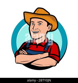 Glücklicher Bauer im Hut Cartoon. Landwirtschaft, Bauernhof Logo Vektor Illustration Stock Vektor