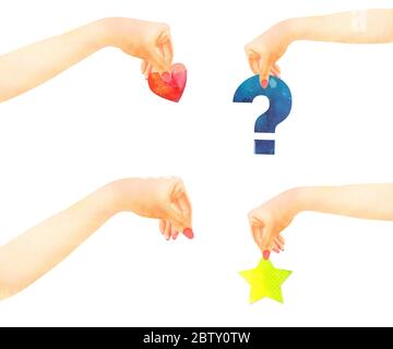 Set von 4 Aquarell weibliche Hand hält Stern, Herz, Frage und leere ein Stockfoto
