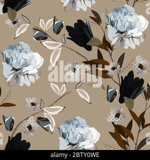 Bouquet von zarten hellblauen Rosenblüten und Blättern auf einem beige, bräunlichen Hintergrund. Nahtlose florale Vektor-Muster. Quadratisches, sich wiederholendes Design für fa Stockfoto