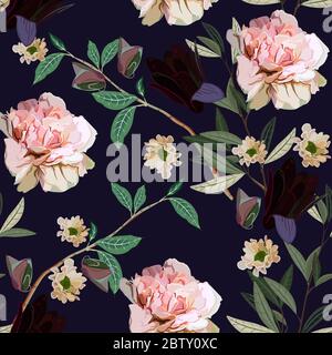 Bouquet von zarten rosa und lila Blüten und Blätter auf einem dunklen violetten Hintergrund. Nahtlose florale Vektor-Muster. Quadratisches Design für Stockfoto
