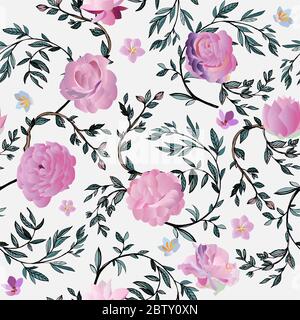 Rosa Rosen, Pfingstrosen, Lotusblumen und Lilien umgeben von grünen Zweigen auf weißem Hintergrund nahtloses Muster. Vektorgrafik mit Blumen und Laubbild Stockfoto