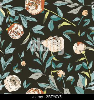 Nahtloses Muster mit Blume und Blättern. Tropische Blumen Vektor Illustration. EPS 10 Stockfoto