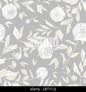 Nahtloses Muster mit Blume und Blätter von Pfingstrosen. Tropische Blumen Vektor Illustration. EPS 10 Stockfoto