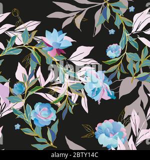 Nahtloses Muster mit blauen Rosen, Orchideen, Lilie und grünen und rosa Blättern auf schwarzem Hintergrund. Tropische Blumen in Pastellfarben. Vektorgrafik Stockfoto