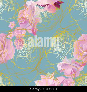 Nahtloses Muster mit rosa und goldenen Rosen Richtung auf diagonaler Seite auf hellgrau-blauem Hintergrund. Tropische Blumen, Lilie, Pfingstrosen. Vektorgrafik Stockfoto
