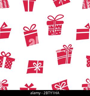Vektor Nahtloses Muster mit Geschenken. Viele rote Geschenkboxen verschiedene Formen auf weißem Hintergrund. Kann für Karten zu Weihnachten oder Geburtstag verwendet werden. Stock Vektor