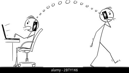 Vektor Cartoon Stick Figur Zeichnung konzeptionelle Illustration von zwei Männern oder Geschäftsleuten Kommunikation drahtlos mit Handy oder Handy. Stock Vektor