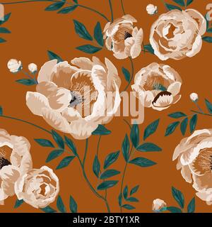 Große weiße Knospen und Pfingstrosen Blumen umgeben von Blättern auf einem orangefarbenen Hintergrund. Florales Nahtloses Muster. Vektorgrafik mit Pflanzen. Stockfoto