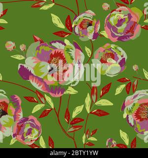 Große rote Knospen und Pfingstrosen Blumen umgeben von Blättern auf einem grünen Hintergrund. Florales Nahtloses Muster. Vektorgrafik mit Pflanzen. Stockfoto