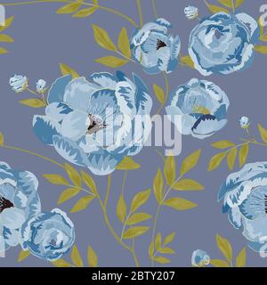 Große hellblaue Knospen und Pfingstrosen, die von salbeigrünen Blättern auf einem lila Hintergrund umgeben sind. Florales Nahtloses Muster. Vektorgrafik mit pla Stockfoto