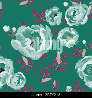 Große weiße Knospen und Pfingstrosen Blumen umgeben von Pflaumenblättern auf einem grünen Hintergrund. Florales Nahtloses Muster. Vektorgrafik mit Pflanzen. Stockfoto