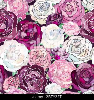 Floraler Hintergrund mit kastanienbraunen, lila, burgunderroten, violetten, weißen, rosa Rosen. Imitation von Aquarell. Nahtloses Muster. Vektorgrafik. EPS10 Stockfoto