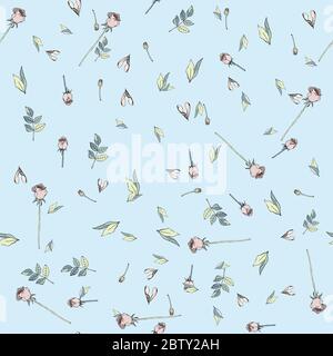Rosa Rosen, gelbe, grüne Blätter auf blauem Hintergrund. Zartes Blumenmuster mit rosa Blüten. Nahtloses Vektormuster. Stockfoto
