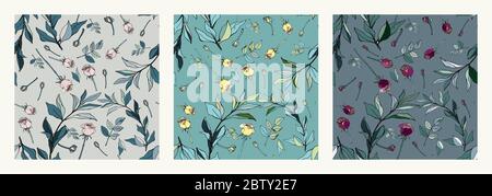 Set von drei Hintergründen mit anmutigen Ornament von bemalten Rosen. Nahtloses Vektormuster. Gartenblumen Illustration. Stockfoto
